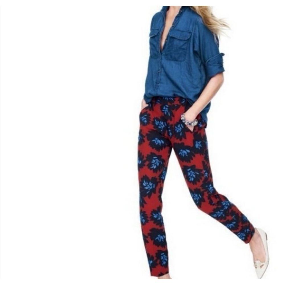 J. CREW Brick & Blue FIREWORK FLORAL PANTS Drapey Slim Straight Pull On Size 10